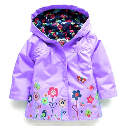 Fashionable waterproof hoodie jacket with flower print for toddlers and kids, ages 2T-6Y.