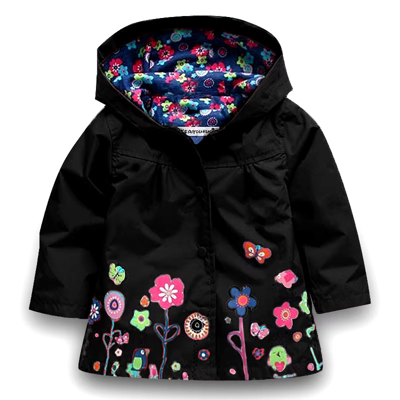 Girls' Fashionable Waterproof Autumn Jacket for Children - Long Sleeve Windcoat with Flower Print Hoodie