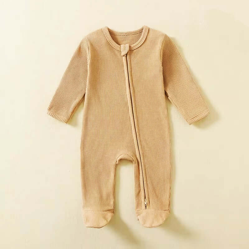 100% Organic Cotton Baby Romper in Pastel Beige with Zipper Closure and Footed Design for Newborns 0-12M