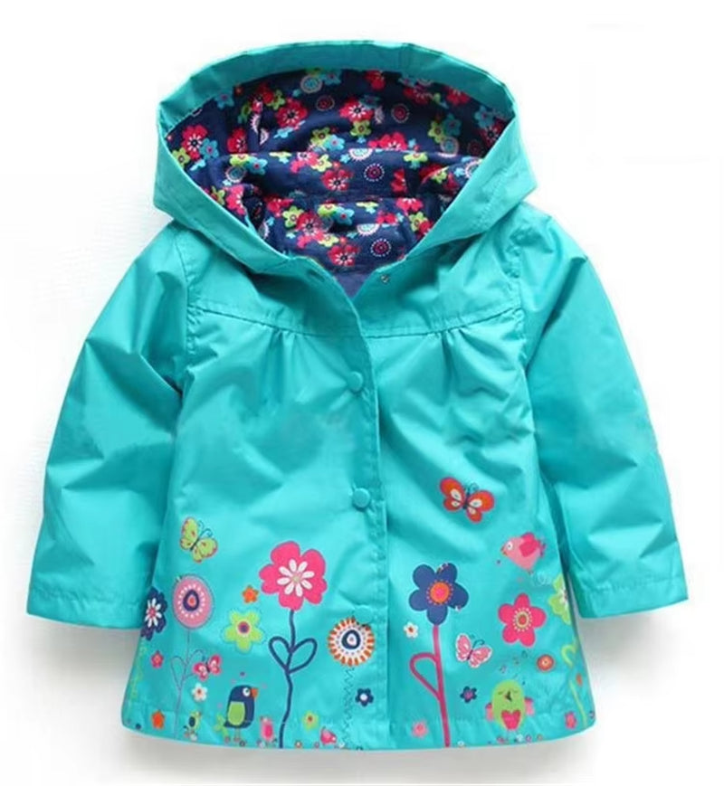 Girls' Fashionable Waterproof Autumn Jacket for Children - Long Sleeve Windcoat with Flower Print Hoodie