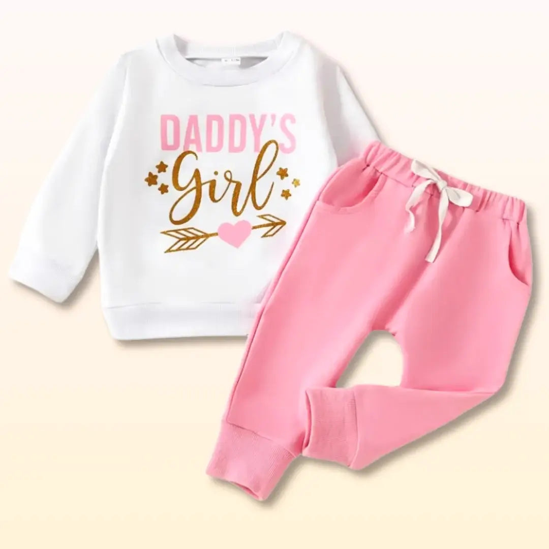 Daddy's Girl sweatshirt and pink trouser set for toddlers 0-3T, featuring fun arrow and letter print.