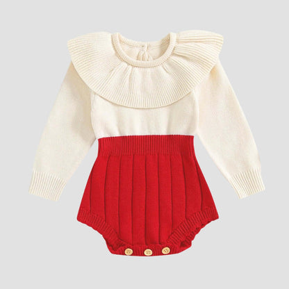 Adorable Vienna Holiday Knit Romper for babies 0-18M with ruffled collar and vibrant colors for festive winter fun.