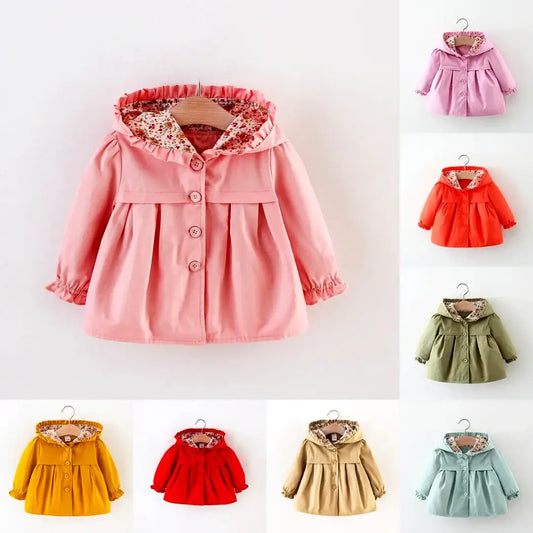 Adorable baby girl floral-lined hooded coat in various colors, featuring button closure and pleats for stylish autumn or spring outings.