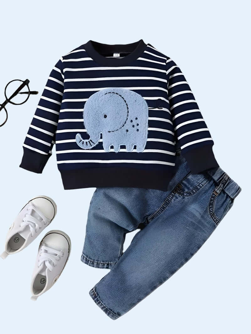 0-24 Months Spring Autumn New Boy Girl And Toddler Elephant Stripe Top Casual Cute Print Jeans Set