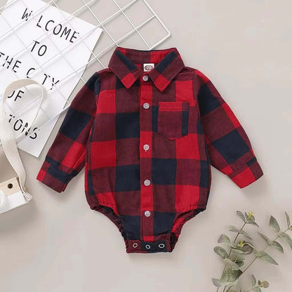 Newborn Baby Boy Long Sleeve Red Plaid Romper - Fashionable Spring & Autumn Jumpsuit for Infants (0-18 Months)