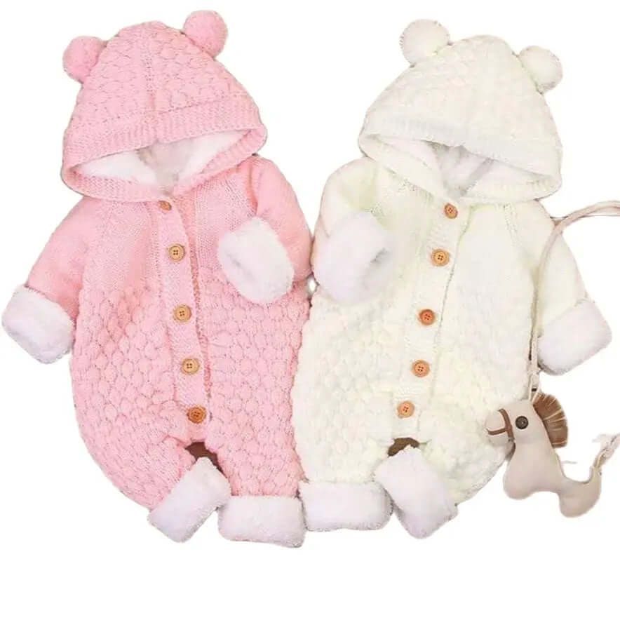 Cozy cashmere knit hooded romper for babies, perfect for autumn and winter warmth.