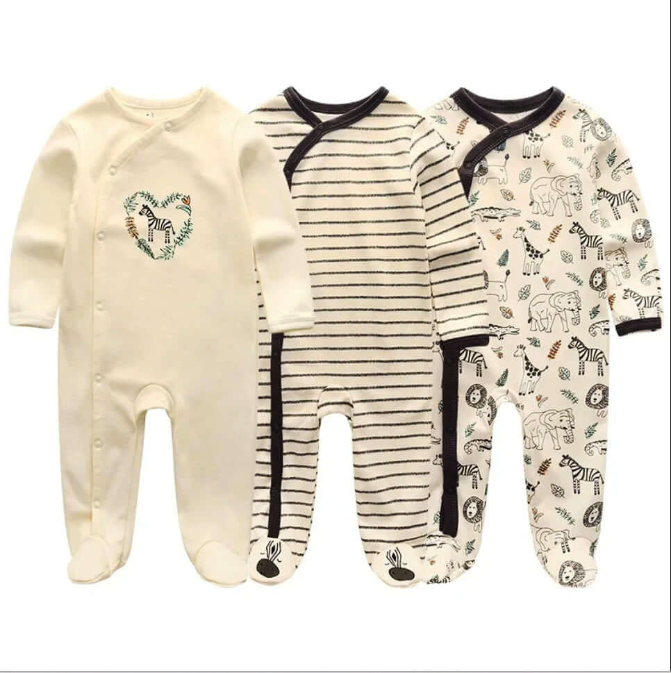 3 pack of baby organic cotton footed pajamas with adorable patterns for boys and girls, featuring long sleeves and snap closures