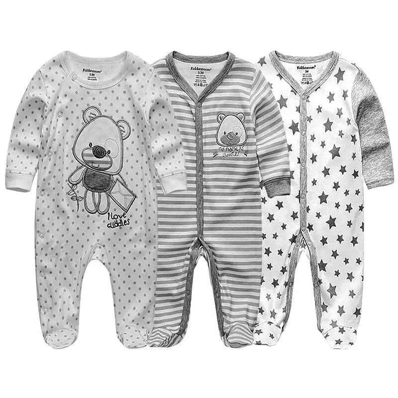 3 pack baby organic cotton pajamas, long sleeve footed sleepwear with cute prints for 0-12 months.