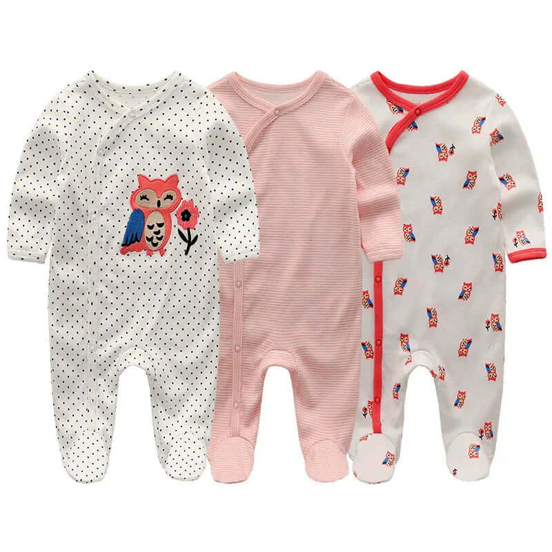 3 Pack Baby Organic Cotton Pajamas - Long Sleeve Footed, Soft and Cozy for Newborn Boys and Girls (0-12M) with Cute Owl Design.