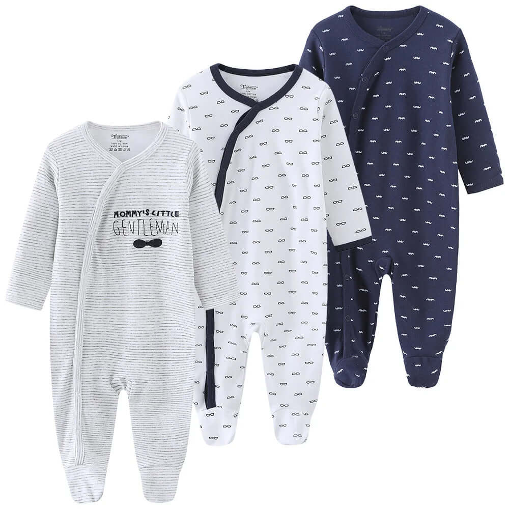 3-Pack Baby Organic Cotton Pajamas - Long Sleeve Footed Soft & Cozy Sleepwear (0-12M) in Grey, White, and Navy Blue