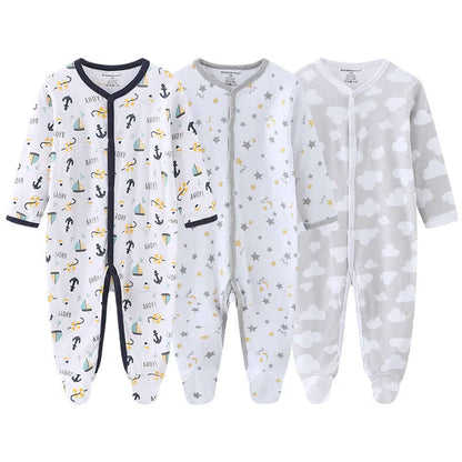 3 pack baby organic cotton pajamas with long sleeves and footed bottoms, featuring cute nautical, star, and cloud designs for 0-12 months.