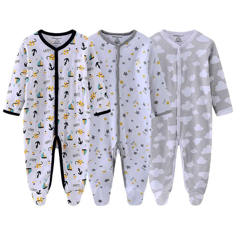 3-Pack baby pajamas - Organic cotton, long sleeve, footed sleepwear for 0-12 months, featuring adorable nautical, star, and cloud patterns