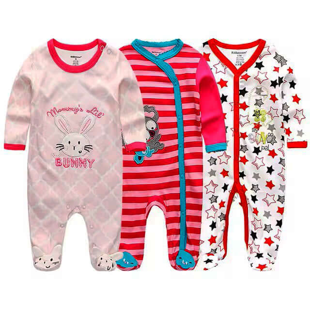 3 pack baby organic cotton pajamas, long sleeve footed sleep and play for newborns, pink bunny, red stripes, star patterns, cozy and soft.