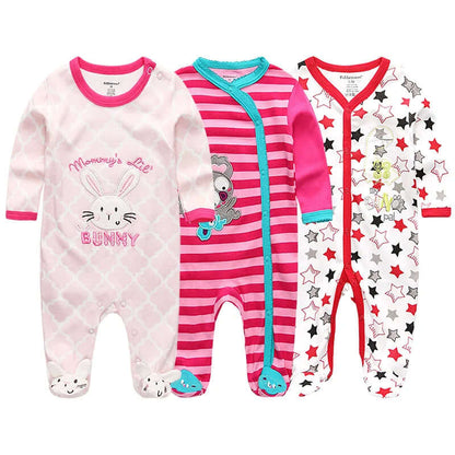 3 pack baby organic cotton pajamas, footed, long sleeve, soft and cozy sleep and playwear for newborns aged 0-12 months, featuring adorable designs.