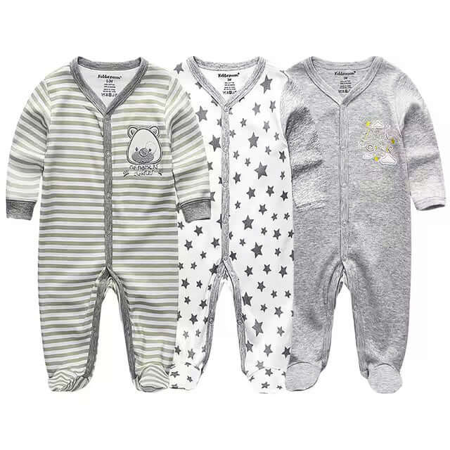 3-Pack Organic Cotton Baby Pajamas - Long Sleeve Footed Sleepers for Newborns (0-12M), Striped, Star, and Grey Designs