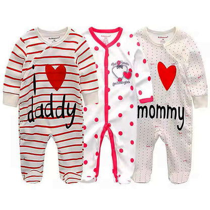 3 Pack Baby Organic Cotton Pajamas - I Love Daddy, Pink Polka Dots, I Love Mommy - Soft Footed Sleepwear 0-12M