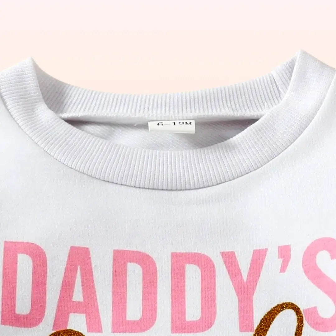 Close-up of Daddy's Girl sweatshirt collar with cute pink and gold arrow print, perfect for toddlers aged 0-3T.