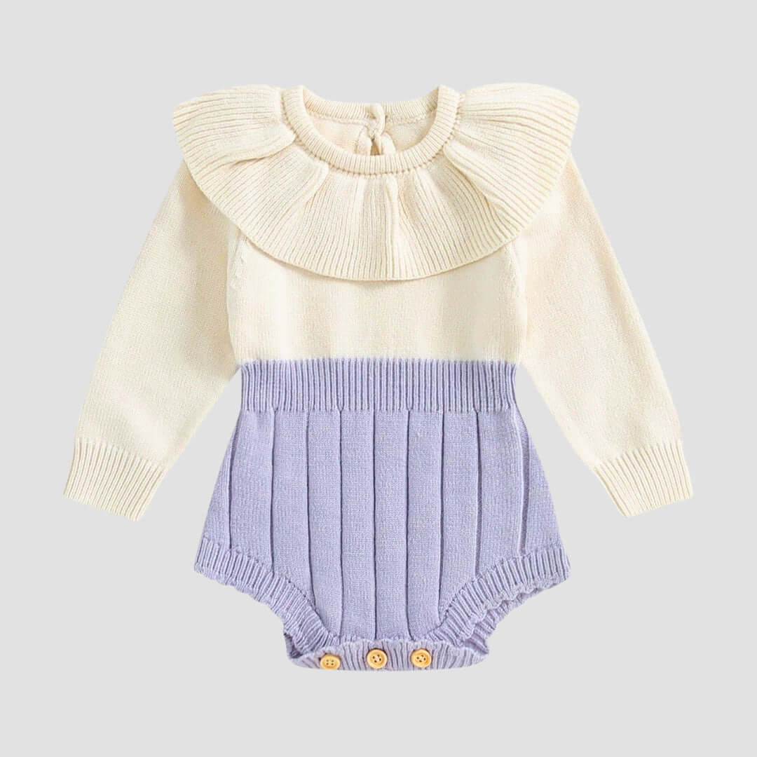 Adorable baby knit romper with ruffled collar in cream and lavender, perfect for festive fall and winter outfits for ages 0-18 months.