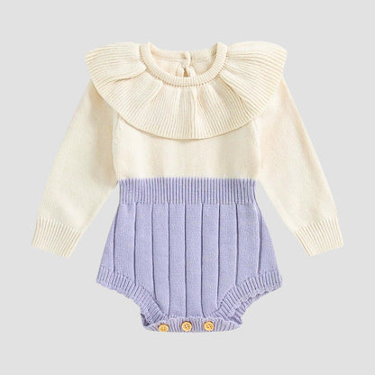 Adorable baby knit romper with ruffled collar in cream and lavender, perfect for festive fall and winter outfits for ages 0-18 months.