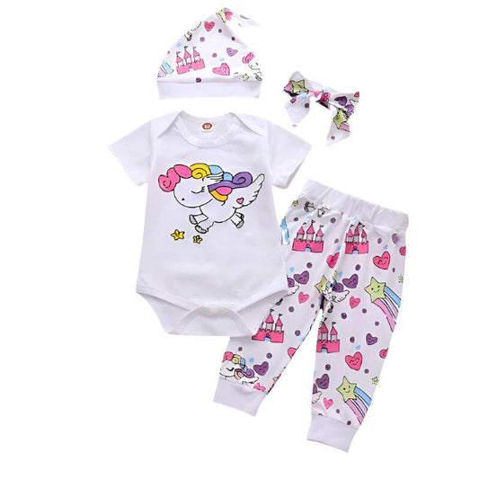 Newborn Infant Baby Girl Clothing 2024 Fashion Rainbow Unicorn Tops+Pegasus Star Castle Pants+Hat+Headband 4 Pieces Sets