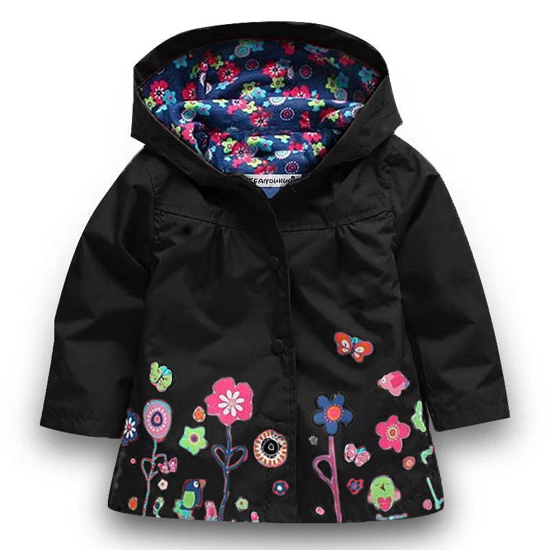 Fashionable waterproof hoodie jacket with floral print for girls, long sleeve raincoat, ages 2-6.