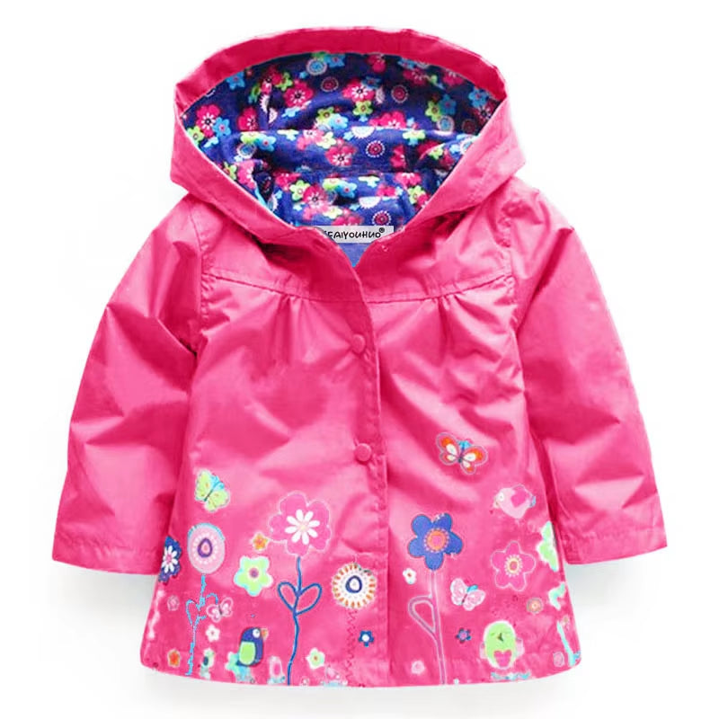 Girls' Fashionable Waterproof Autumn Jacket for Children - Long Sleeve Windcoat with Flower Print Hoodie