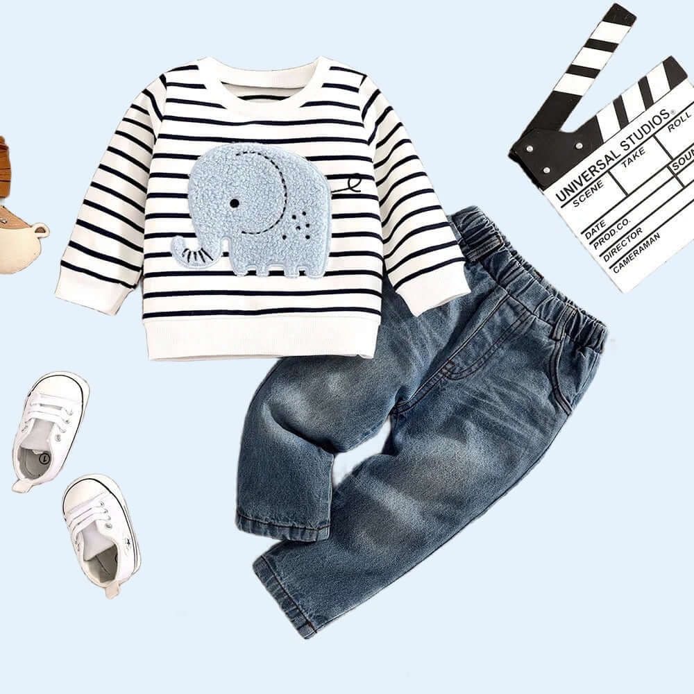 0-24 Months Spring Autumn New Boy Girl And Toddler Elephant Stripe Top Casual Cute Print Jeans Set