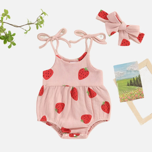 Baby Clothing Girl Cute Fashion Summer Outfits Strawberry Print Bandage Sleeveless Romper and Headband 2 Pieces Set