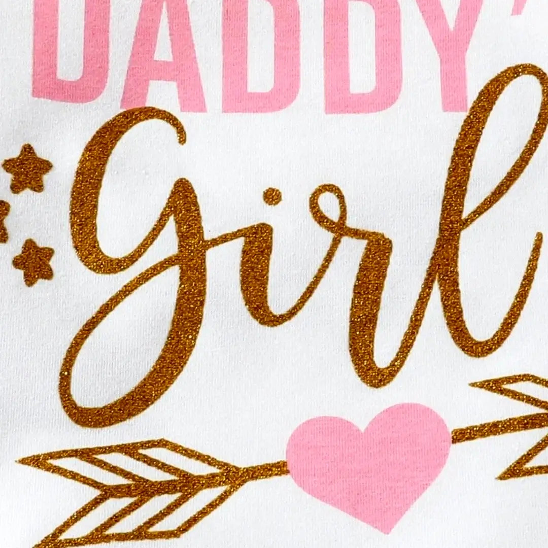 Close-up of Daddy's Girl sweatshirt with glittery letter print, arrows, and heart design in pink and gold for toddlers.