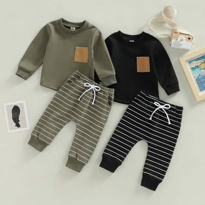 2PCS Toddler Boy Autumn Clothes Long Sleeve Round Neck Tops with Pocket Pullover and Stripe Trousers Tracksuit