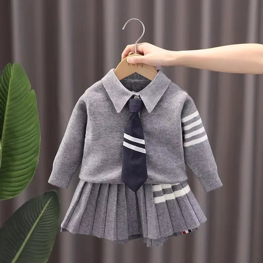 Mini Scholar Pleated Sweater Dress Set – Toddler Knit Dress with Collared Shirt & Tie