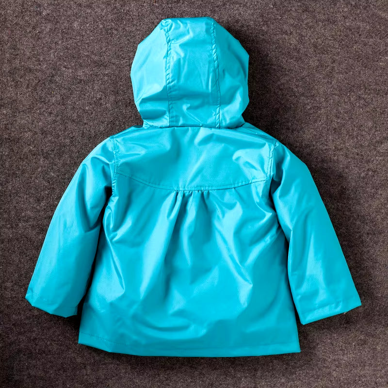 Girls' fashionable waterproof hoodie jacket with flower print and hood.