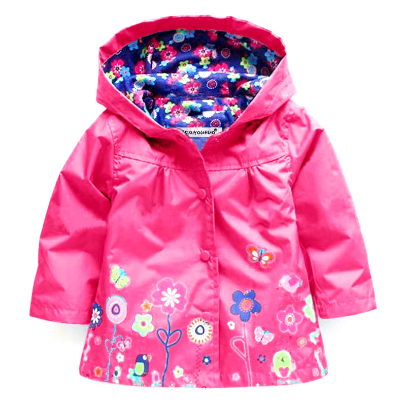 Fashionable waterproof hoodie jacket with flower print for children aged 2T-6Y.