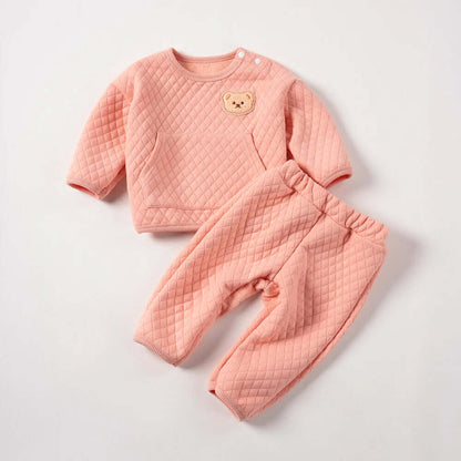 Baby Bear Bliss Waffle Knit Set – Warm pink 2PCS outfit for infants (3-24M) with bear design.