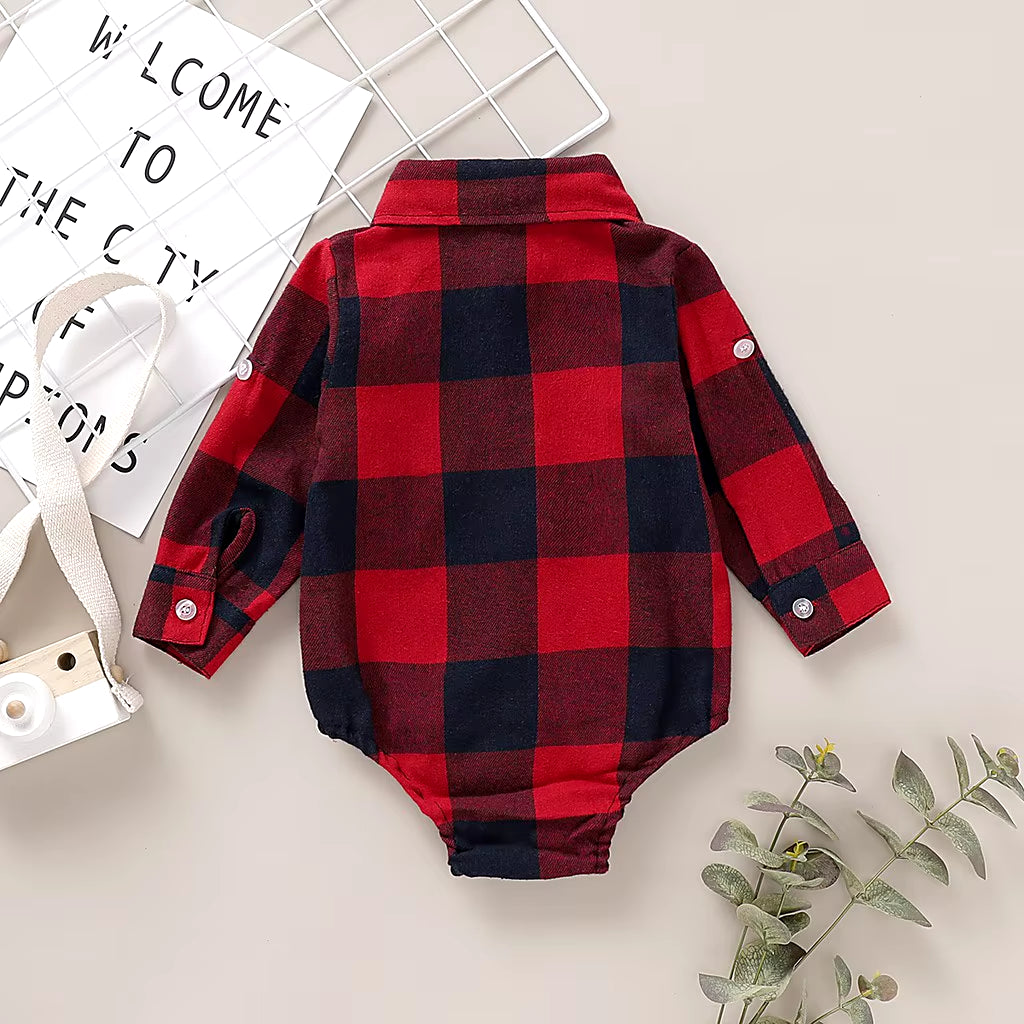 Newborn Baby Boy Long Sleeve Red Plaid Romper - Fashionable Spring & Autumn Jumpsuit for Infants (0-18 Months)