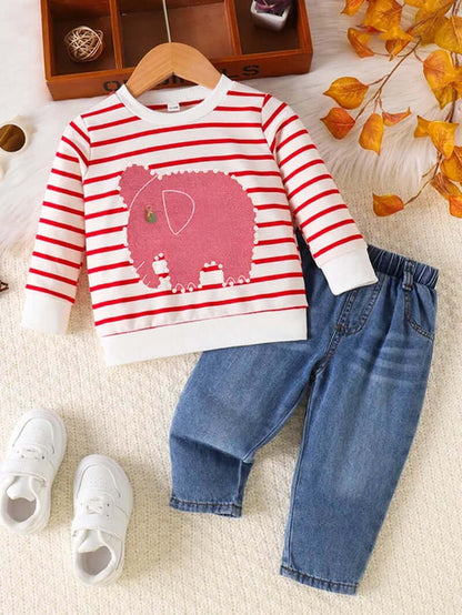 0-24 Months Spring Autumn New Boy Girl And Toddler Elephant Stripe Top Casual Cute Print Jeans Set