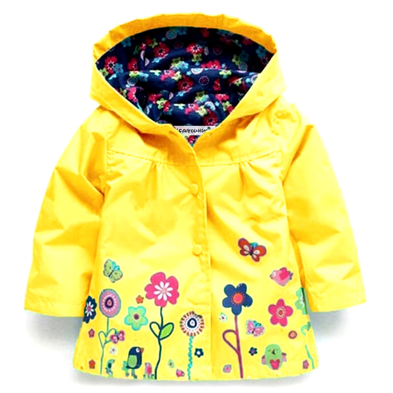 Girls' Fashionable Waterproof Autumn Jacket for Children - Long Sleeve Windcoat with Flower Print Hoodie