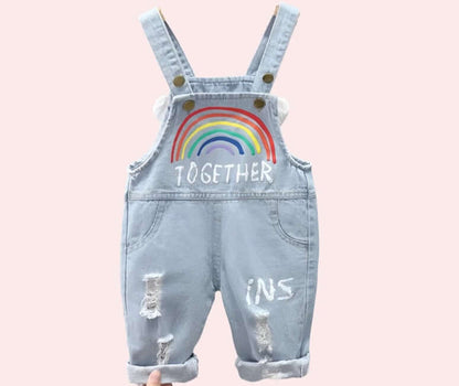 Baby Dungarees Girls Overalls Hole Wash Jeans Rainbow Print Trousers Denim Jumpsuit Toddler Infant Long Pants 0-4 Years