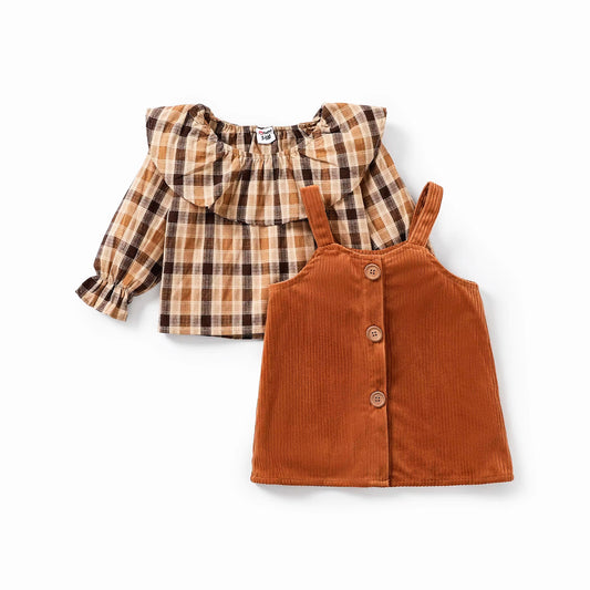 Autumn Charm Baby Girl Dress featuring plaid ruffle top and rich brown corduroy dress for stylish toddlers (3-24M).