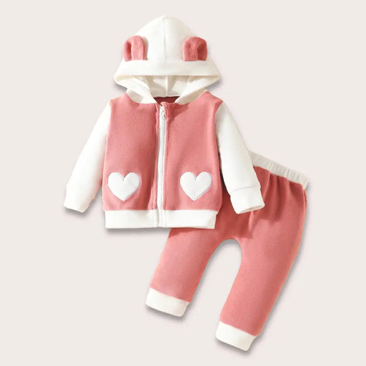 Baby heart hoodie and pants set with bear ears, perfect for autumn adventures. Cozy and stylish outfit in pink and white.