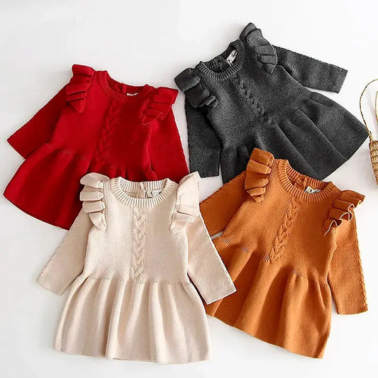 Cozy autumn ruffle knit dresses in red, grey, beige, and orange, perfect for stylish fall outings and family gatherings. 🍂