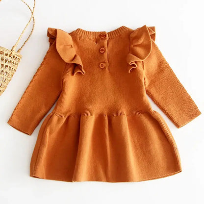 Cozy pumpkin spice ruffle knit dress for fall, featuring elegant shoulders and flare design, perfect for autumn outings. 🍂