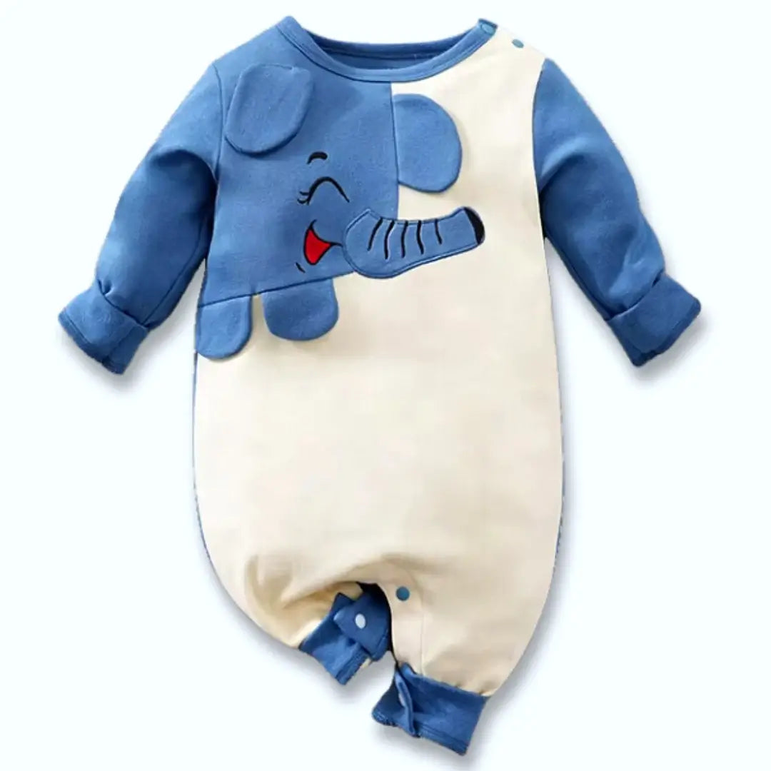 Baby Blue Elephant Adventure Romper with adorable elephant print, soft fabric, long sleeves, and snap buttons for easy changing.