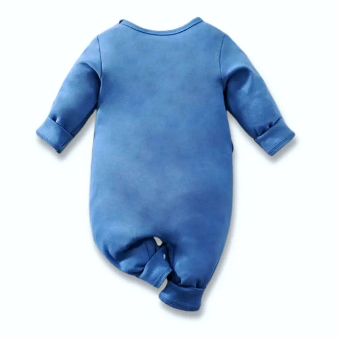 Baby Blue Elephant Adventure Romper, cozy and cute long-sleeved outfit for infants aged 0-18 months, featuring snap buttons for easy dressing.