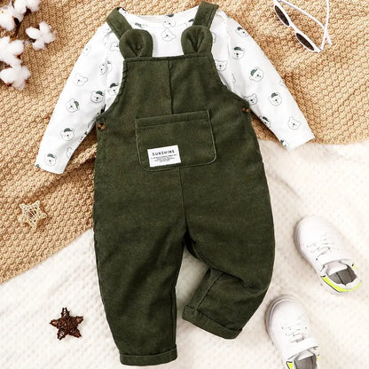 Bear print onesie and corduroy overalls set for fall.