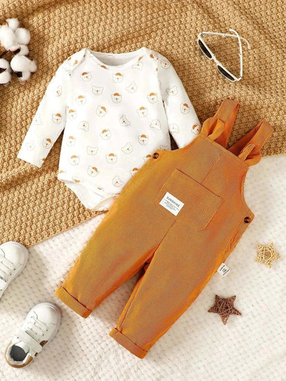 Fall bear print onesie with cozy corduroy overalls, perfect for infants 3-24 months.