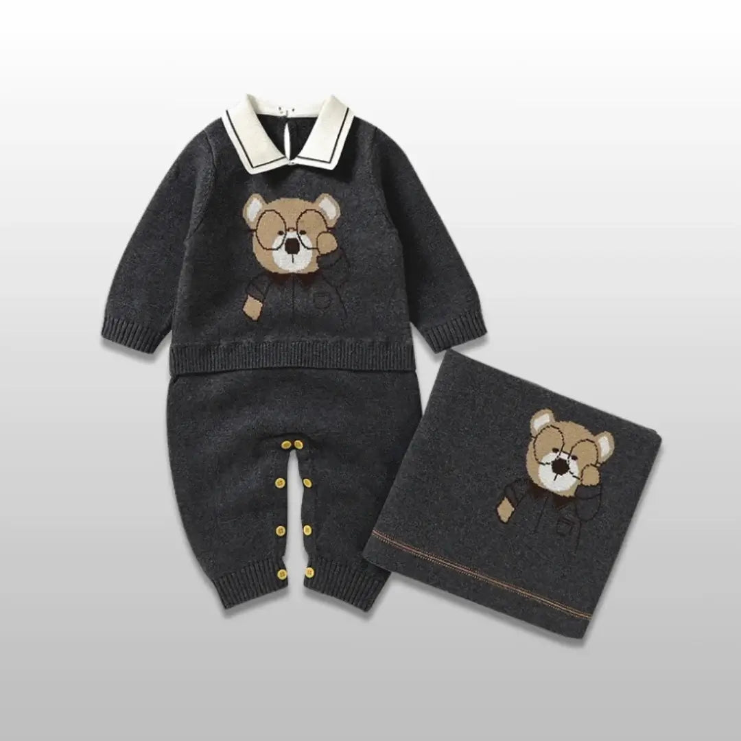 Bear Hugs Bundle 🐻 Cotton Knit Romper & Blanket Set for Babies (0-18M)