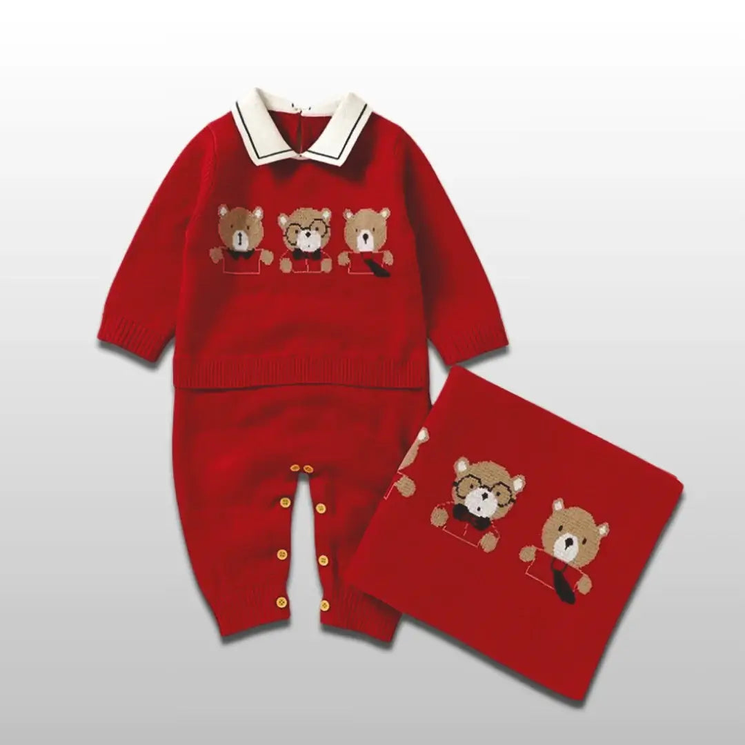 Bear Hugs Bundle 🐻 Cotton Knit Romper & Blanket Set for Babies (0-18M)