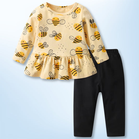 Bee Delighted long sleeve top with bee prints and black pants set for a playful and stylish look. Perfect for comfy wear!