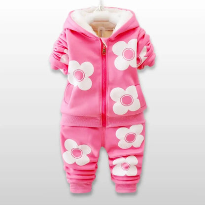 Pink floral hoodie and jogger set for toddlers, featuring cozy fleece lining and playful flower appliqués for stylish comfort.